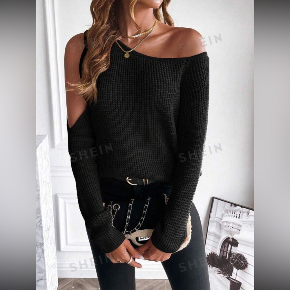New SHEIN Essnce Solid Asymmetrical Neck Cut Out Shoulder Black Sweater L 8/10
